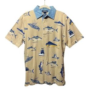 Vintage Lands' End Fish Print Polo Shirt M Denim Collar Nautical Fishing 90s Tan